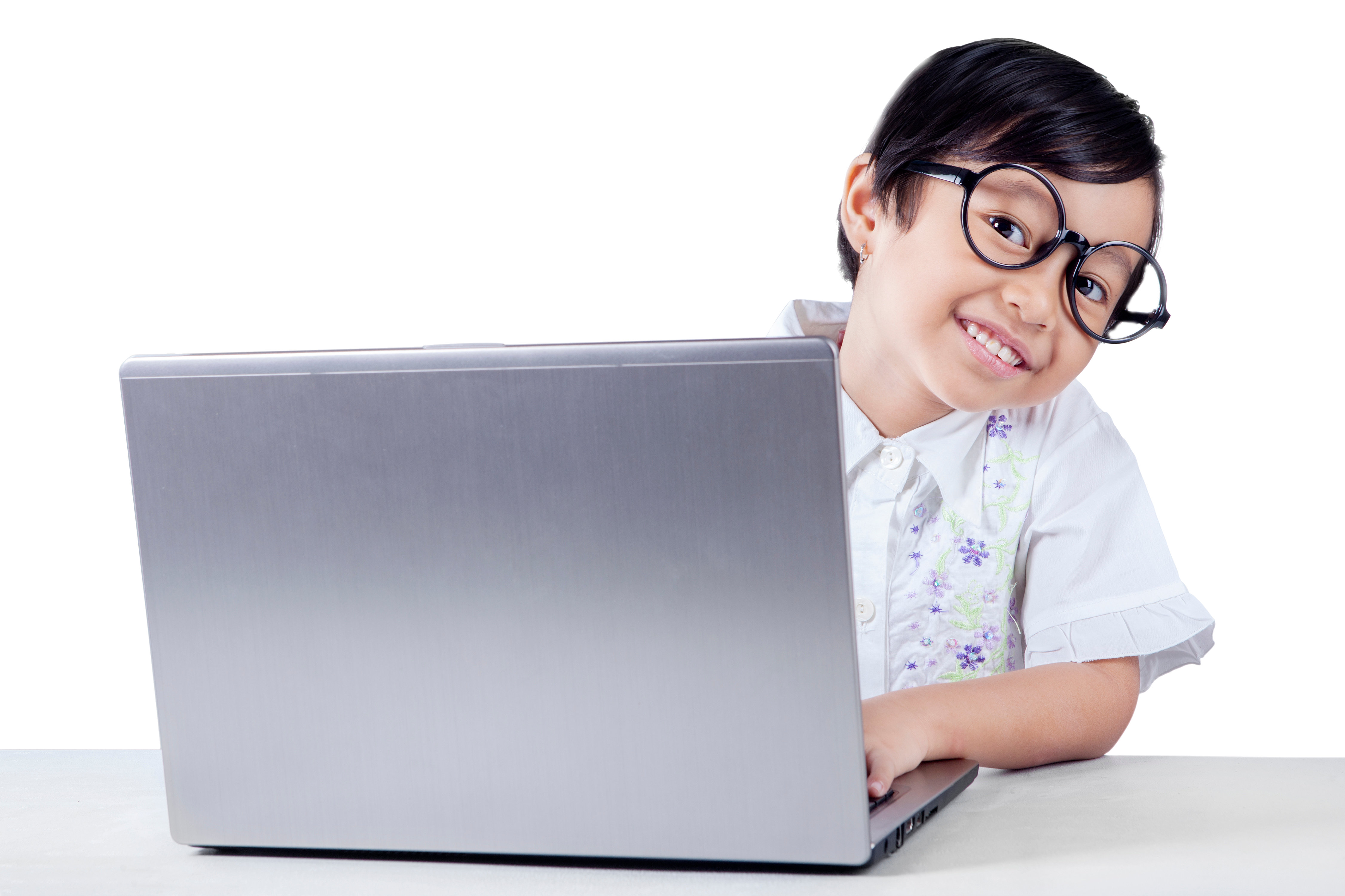 portrait-smiling-girl-using-laptop-desk-against-white-background